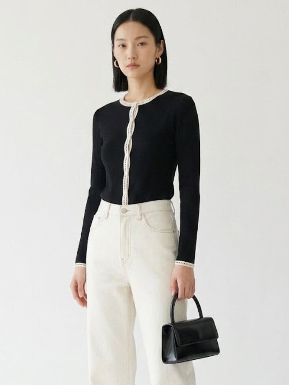 Vintage Ann Taylor 100% Silk Cardigan Sweater Black Ivory Contrast Trim Small